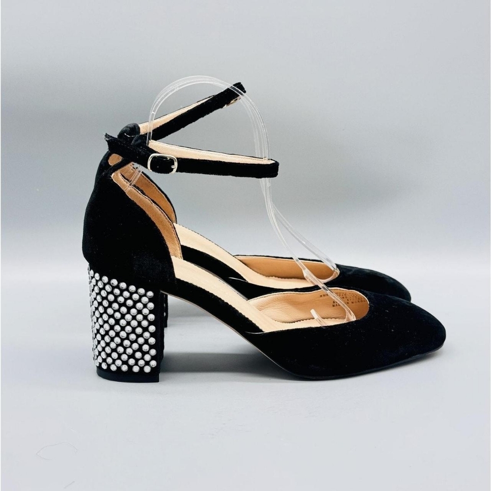 J.Crew Women's Black Velvet Block Heel Ankle Strap Pearl Rounded Toe Heels